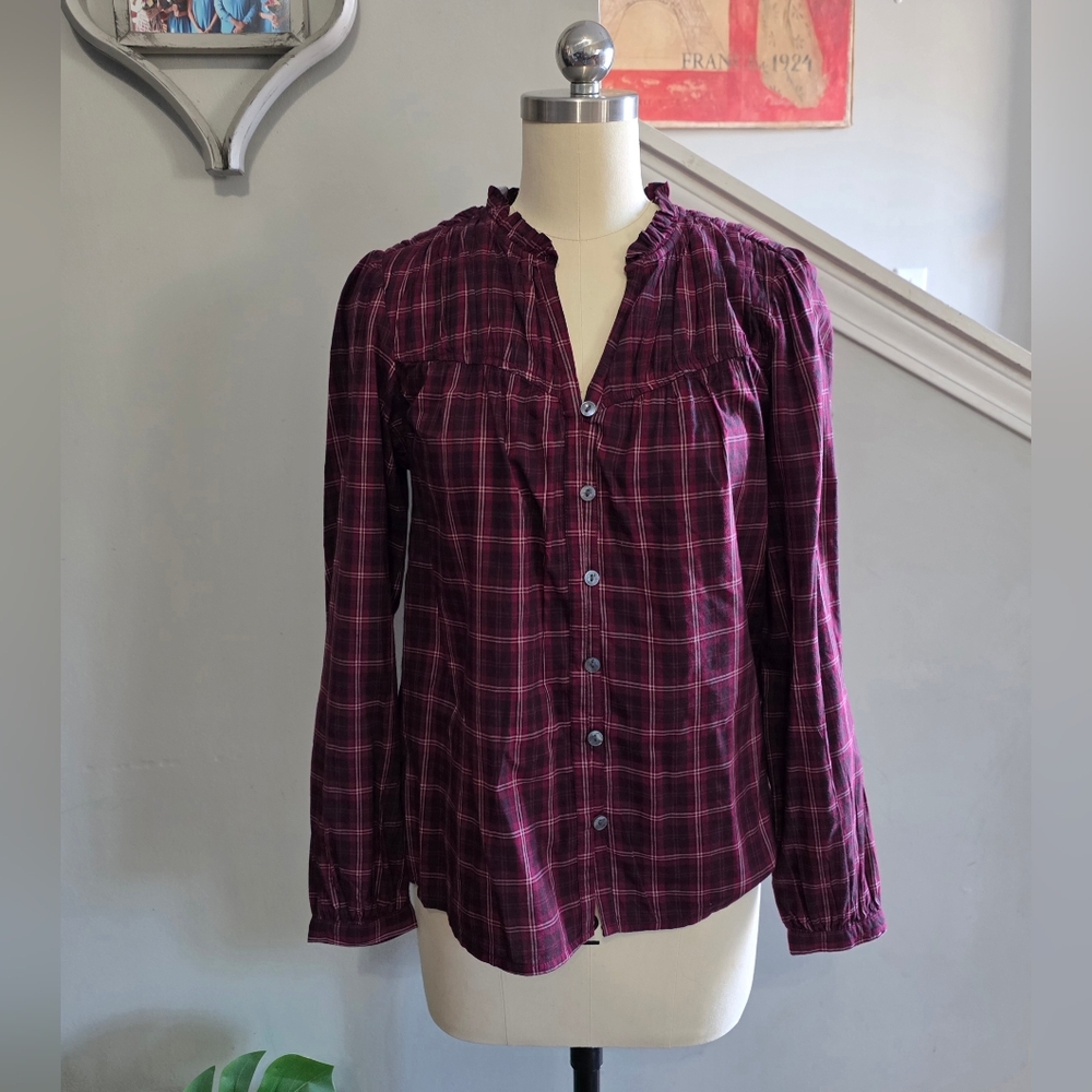 Time and Tru Plaid Blouse Ruched Yoke XS 0-2 NWT